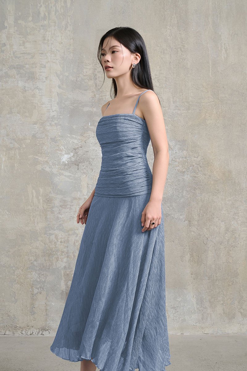 Alouette Padded Draped Midi Dress in Slate Blue