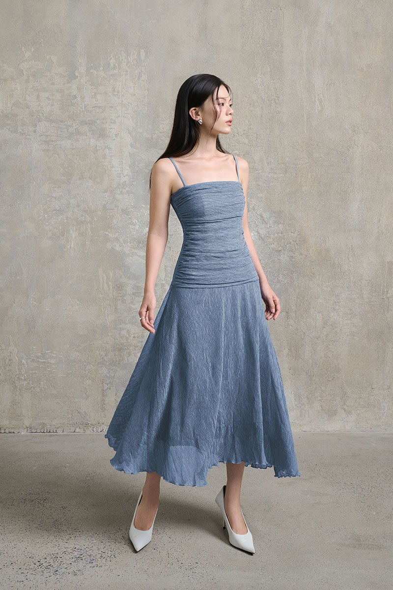 Alouette Padded Draped Midi Dress in Slate Blue
