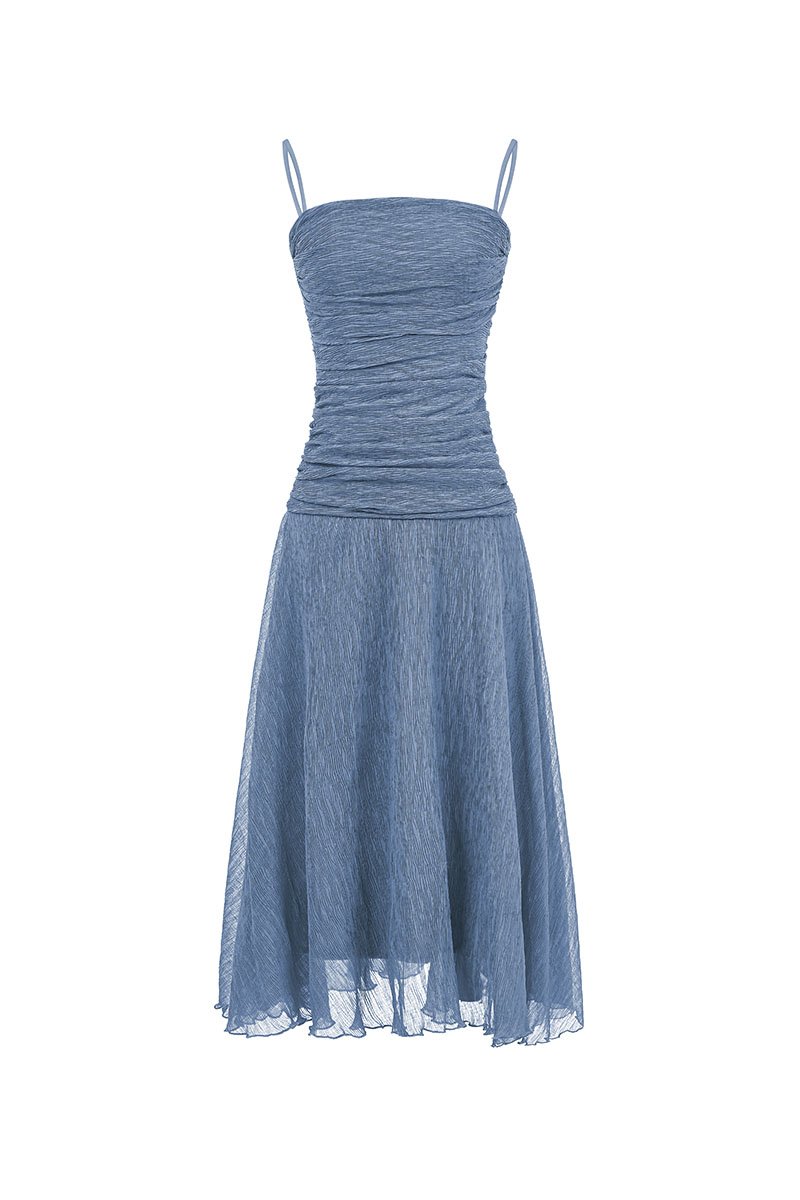 Alouette Padded Draped Midi Dress in Slate Blue