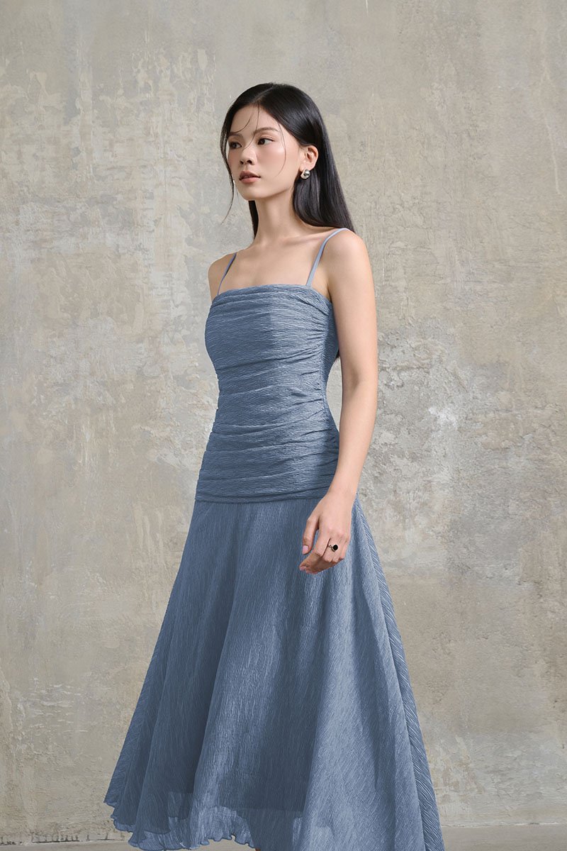 Alouette Padded Draped Midi Dress in Slate Blue