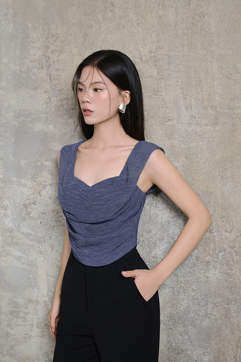 Arwen Draped Sweetheart Top in Smoky Periwinkle