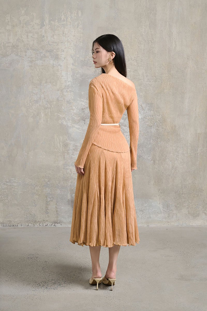 Celia Asymmetrical Pleated Top with Padded Tube in Apricot Bronze