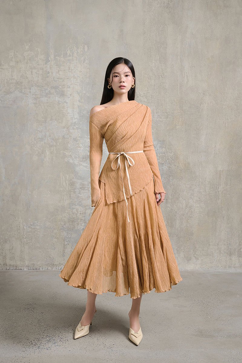 Celia Asymmetrical Pleated Top with Padded Tube in Apricot Bronze