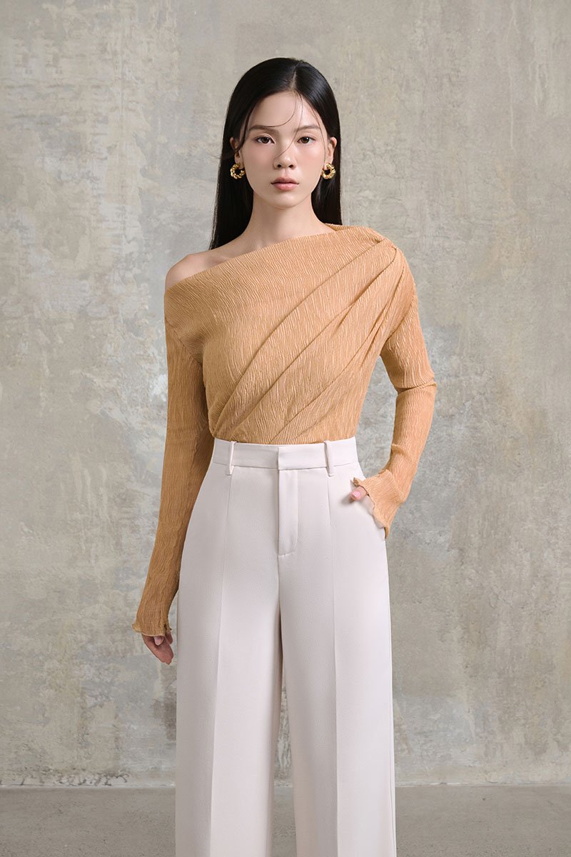 Celia Asymmetrical Pleated Top with Padded Tube in Apricot Bronze