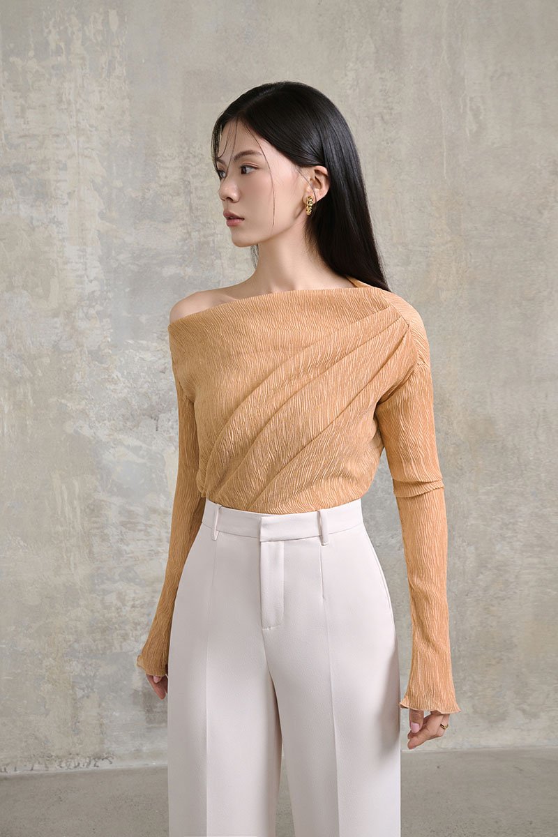 Celia Asymmetrical Pleated Top with Padded Tube in Apricot Bronze