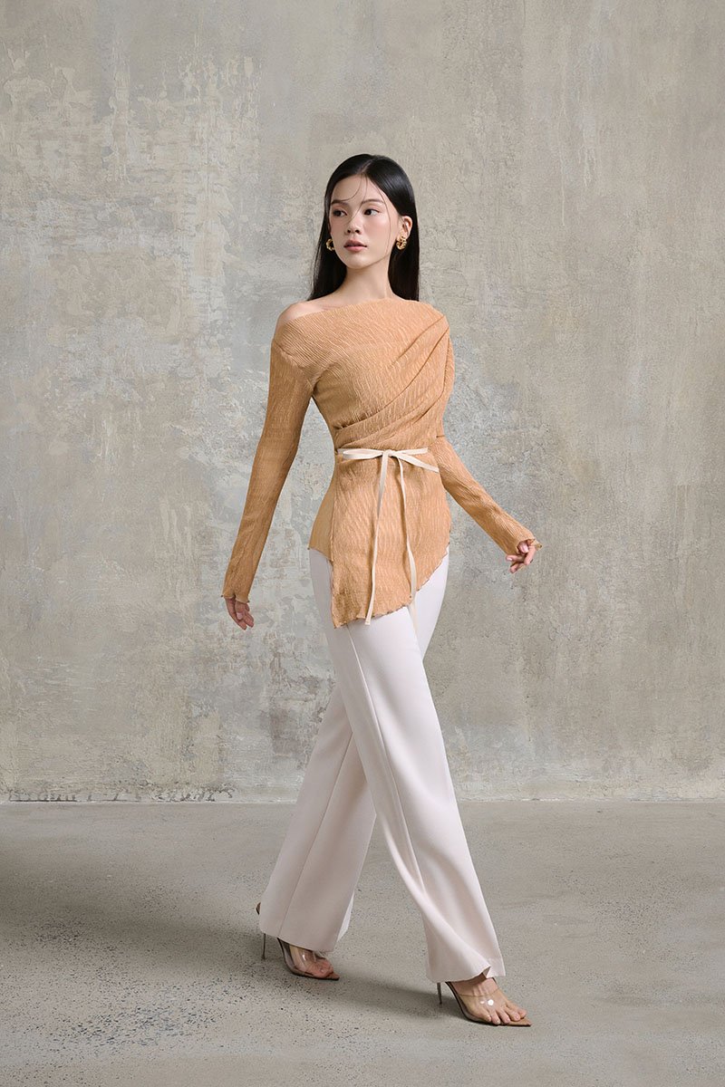 Celia Asymmetrical Pleated Top with Padded Tube in Apricot Bronze