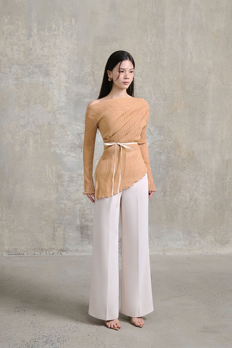 Celia Asymmetrical Pleated Top with Padded Tube in Apricot Bronze