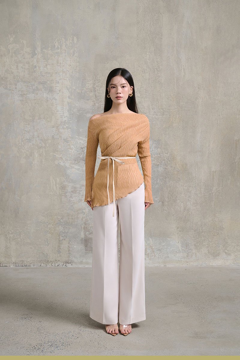 Celia Asymmetrical Pleated Top with Padded Tube in Apricot Bronze