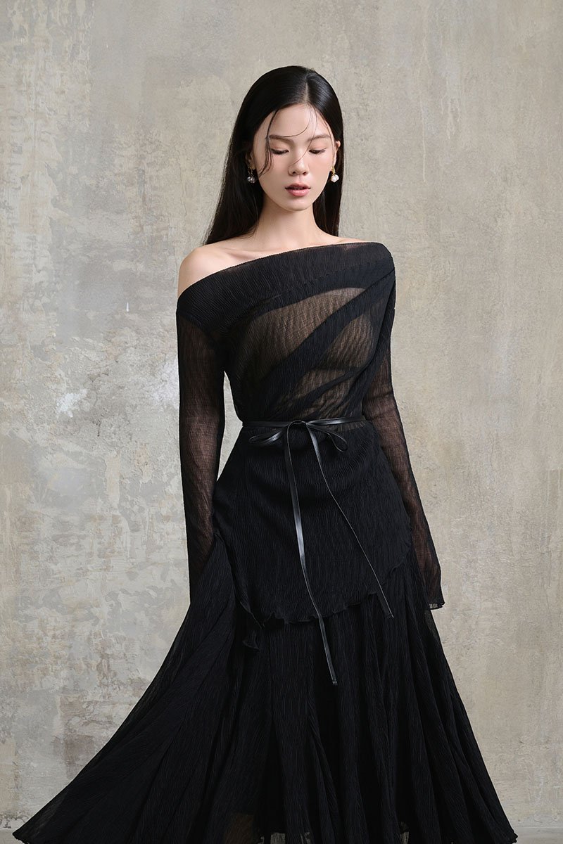 Celia Asymmetrical Pleated Top with Padded Tube in Classic Black