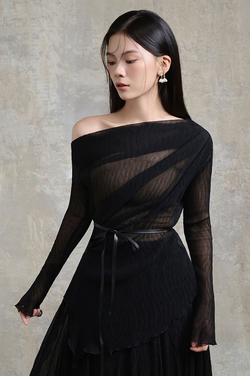 Celia Asymmetrical Pleated Top with Padded Tube in Classic Black