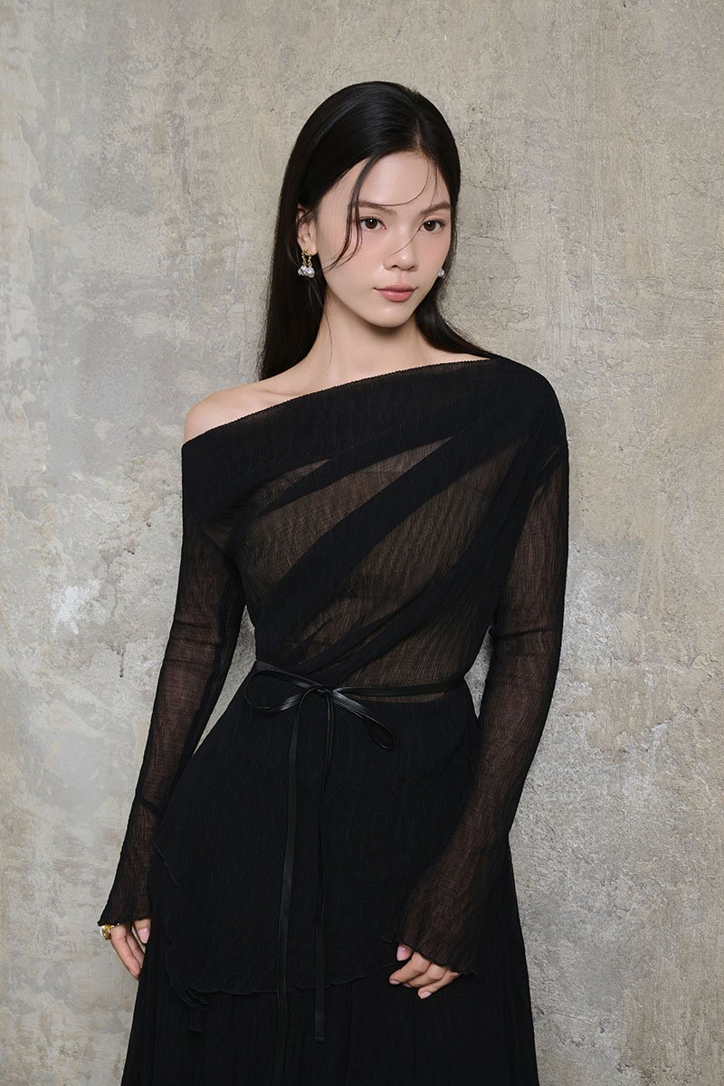 Celia Asymmetrical Pleated Top with Padded Tube in Classic Black