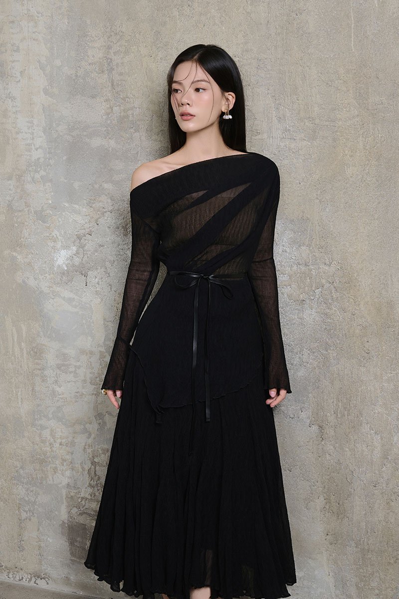 Celia Asymmetrical Pleated Top with Padded Tube in Classic Black