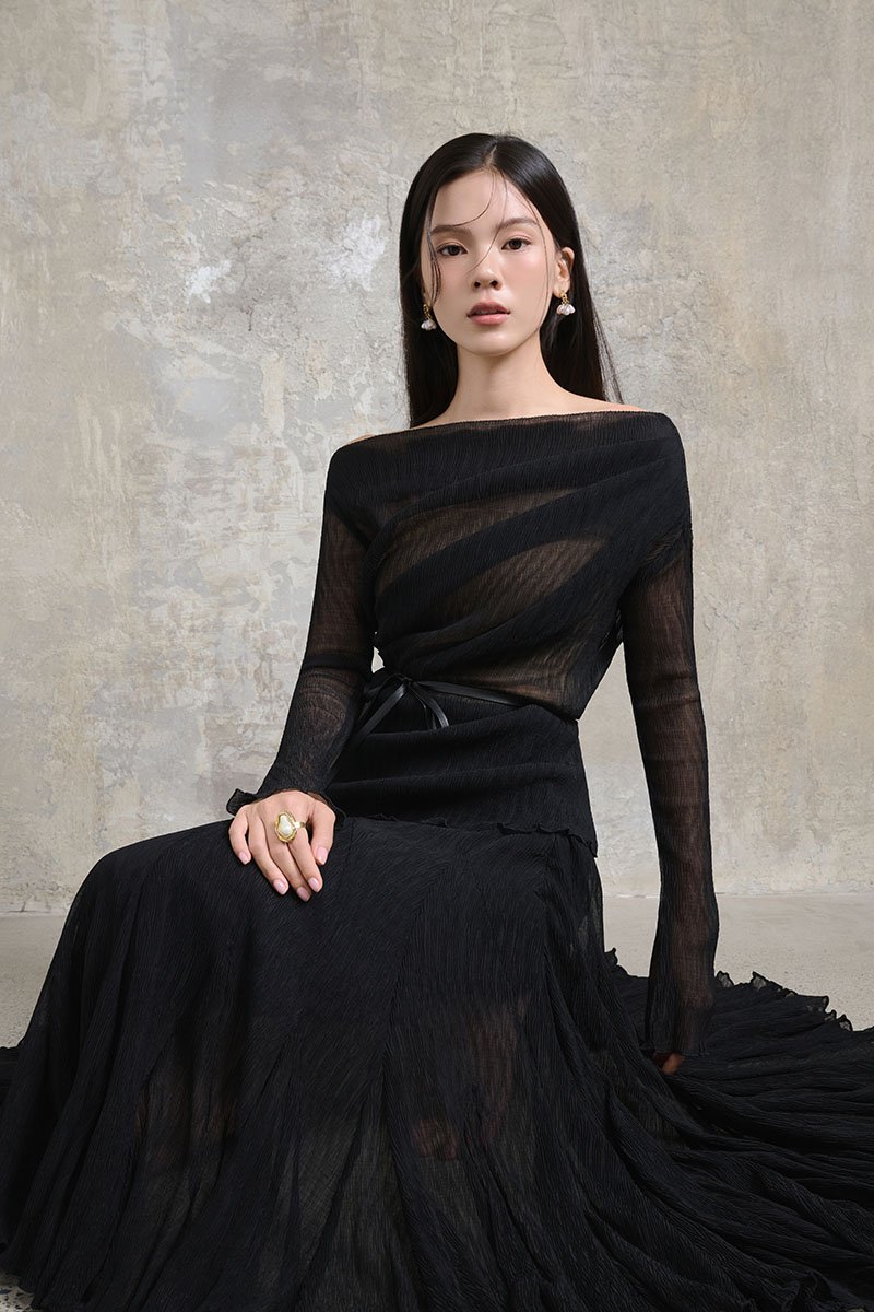 Celia Asymmetrical Pleated Top with Padded Tube in Classic Black