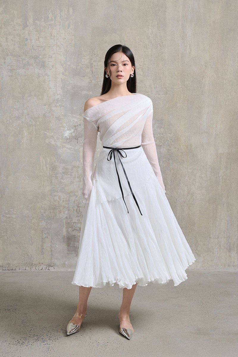 Celia Asymmetrical Pleated Top with Padded Tube in Iconic White