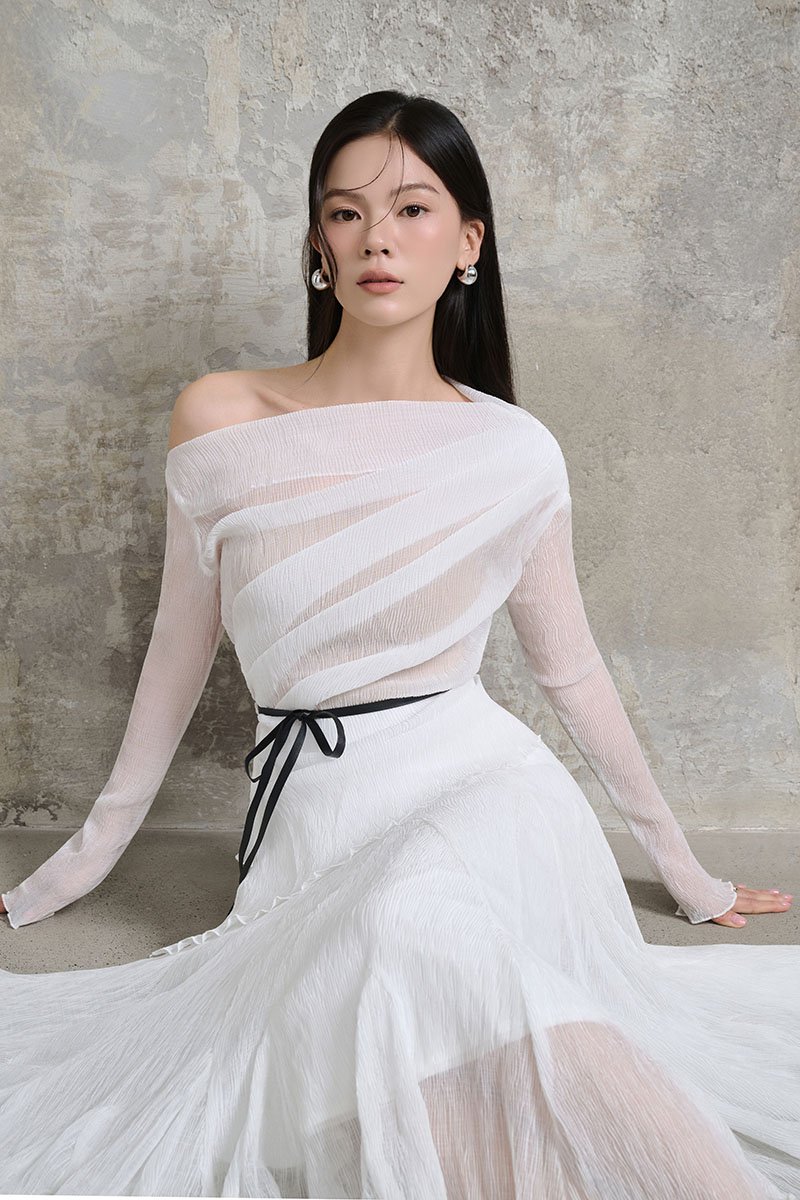 Celia Asymmetrical Pleated Top with Padded Tube in Iconic White