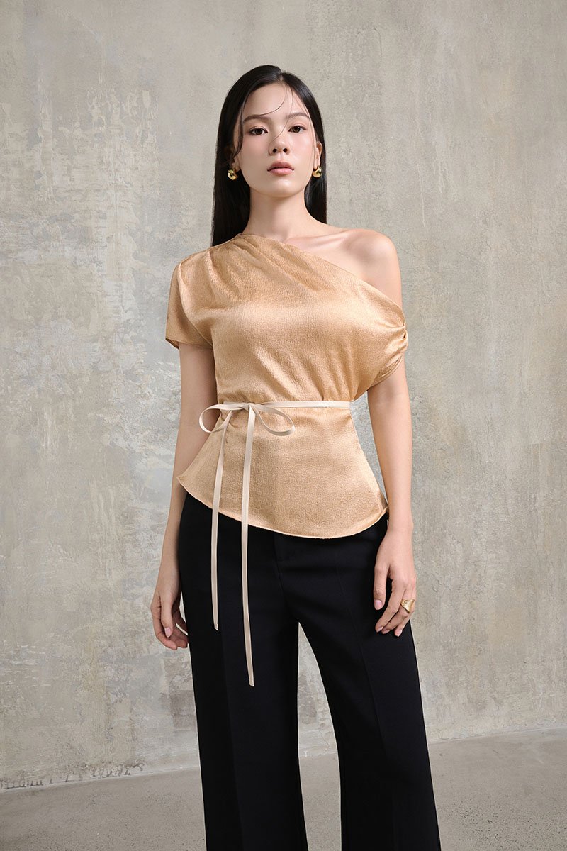 Eira Asymmetrical Drape Top in Apricot Bronze
