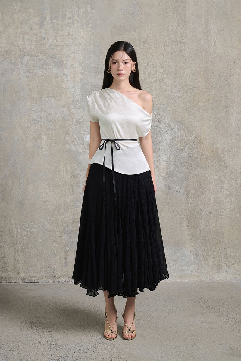 Eira Asymmetrical Drape Top in Silver Mist