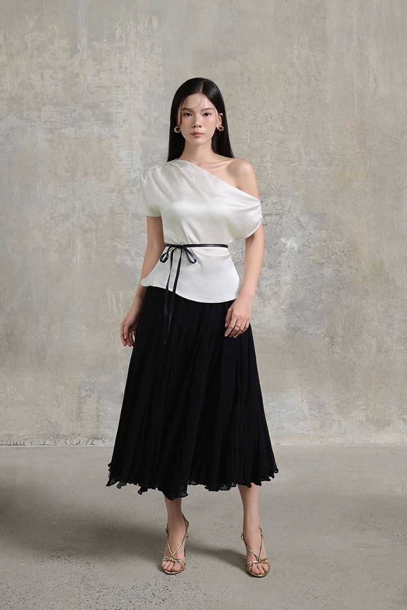 Eira Asymmetrical Drape Top in Silver Mist