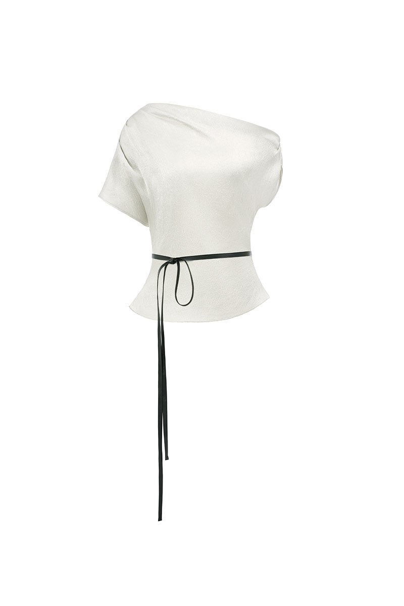 Eira Asymmetrical Drape Top in Silver Mist