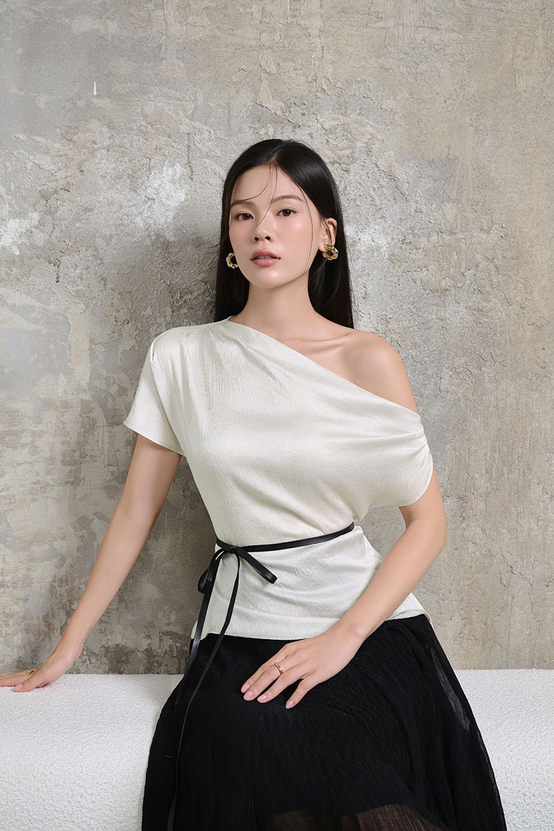 Eira Asymmetrical Drape Top in Silver Mist