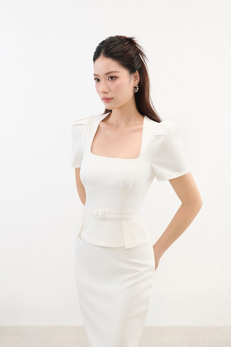 Ellis Peplum Pencil Dress in Iconic White
