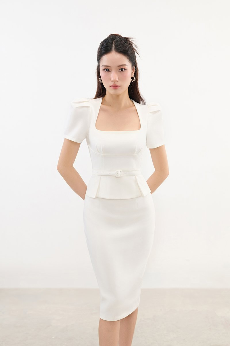 Ellis Peplum Pencil Dress in Iconic White
