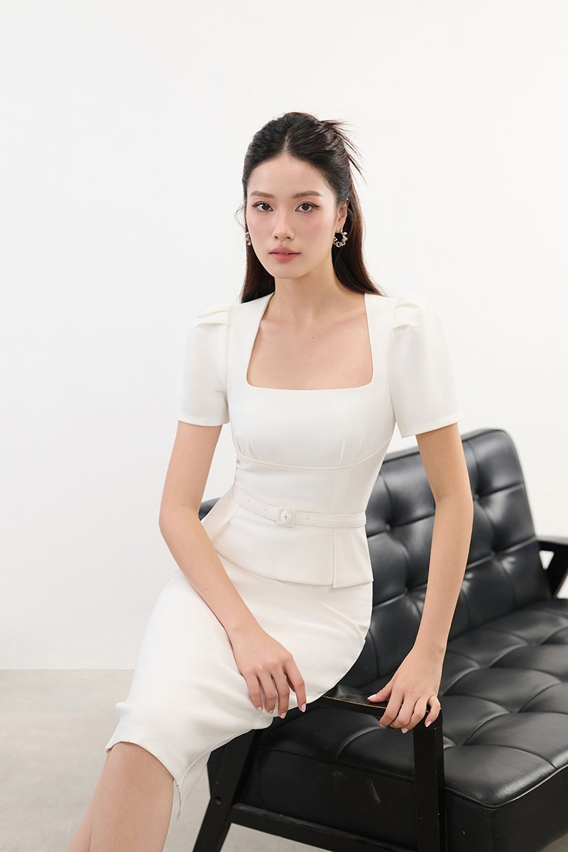 Ellis Peplum Pencil Dress in Iconic White