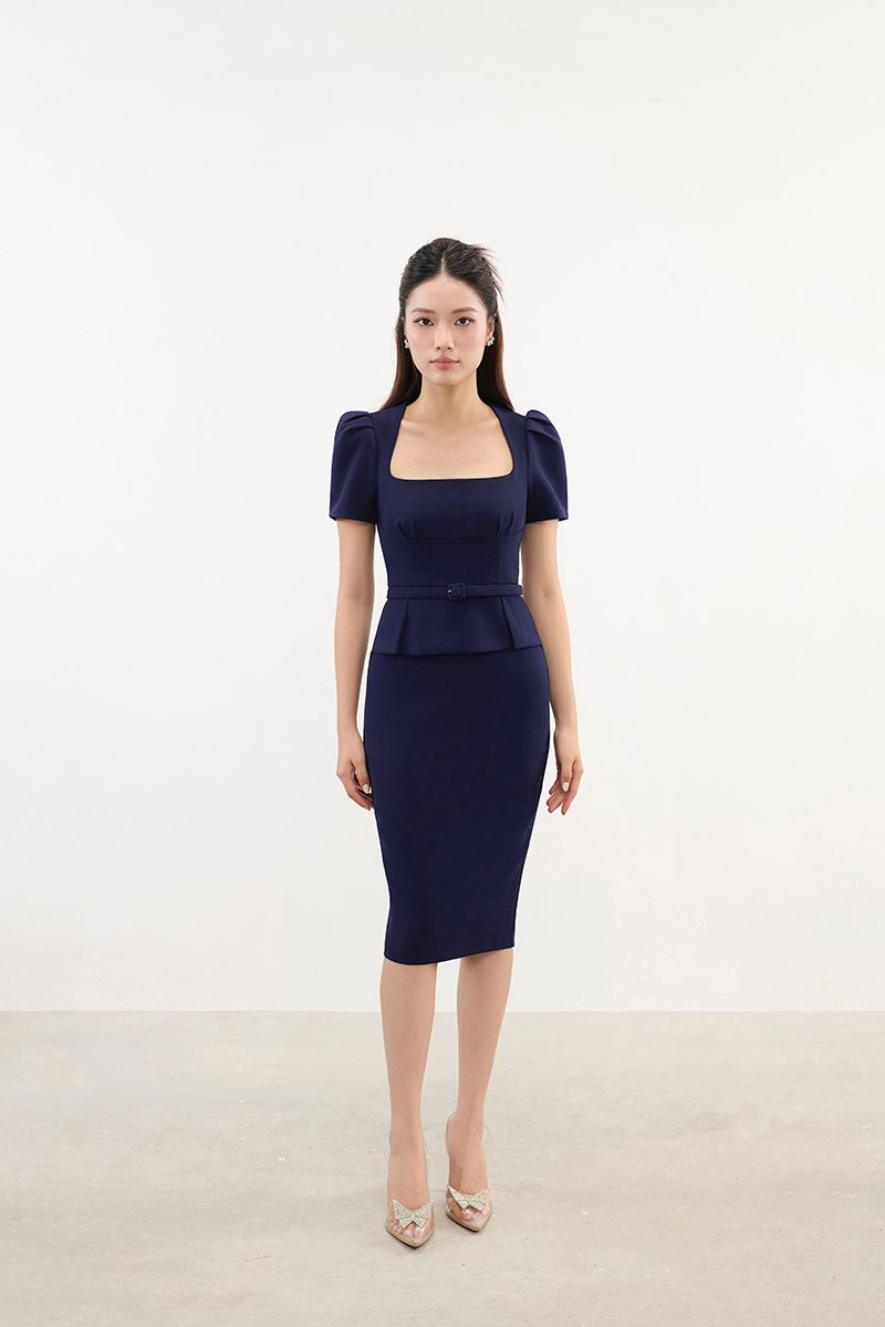 Ellis Peplum Pencil Dress in Navy Blue