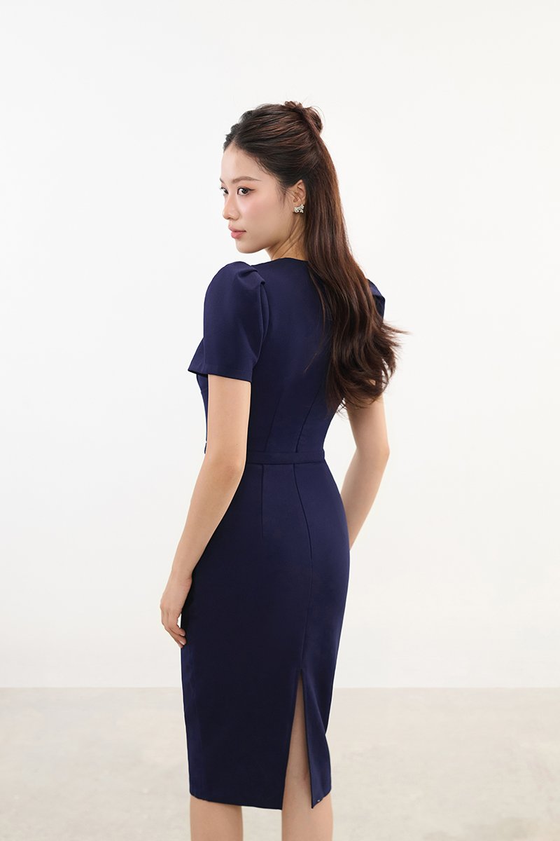 Ellis Peplum Pencil Dress in Navy Blue