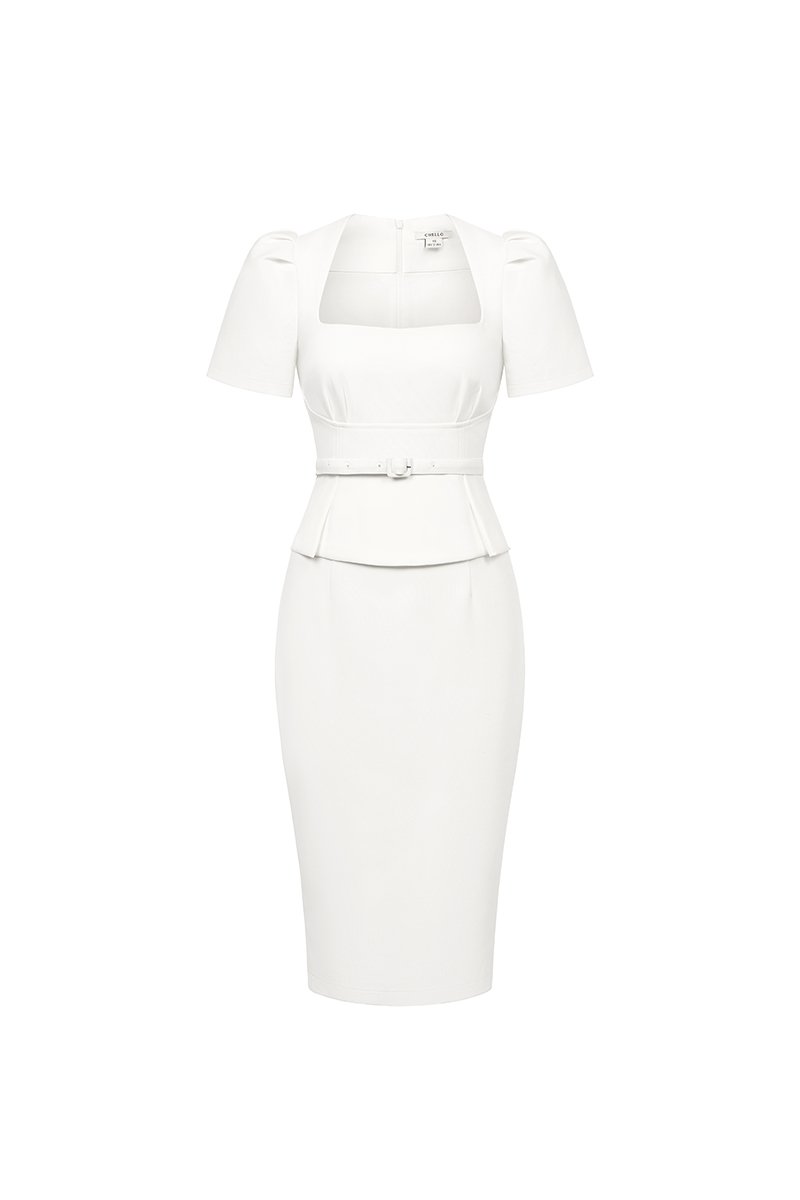 Ellis Peplum Pencil Dress in Iconic White