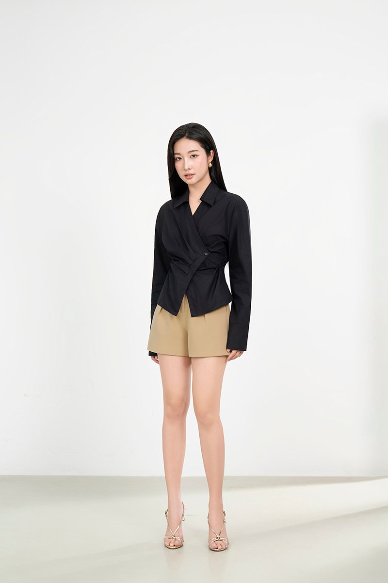 Gaeul Crossover Pleated Shirt in Classic Black