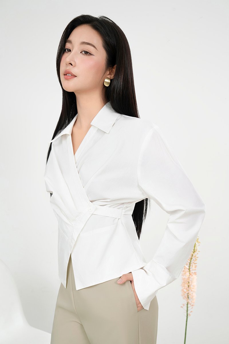 Gaeul Crossover Pleated Shirt in Iconic White