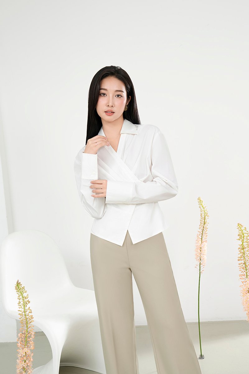 Gaeul Crossover Pleated Shirt in Iconic White