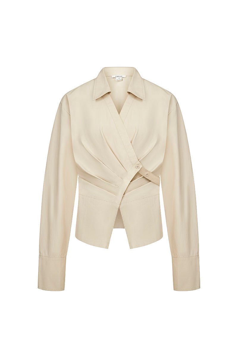 Gaeul Crossover Pleated Shirt in Soft Khaki