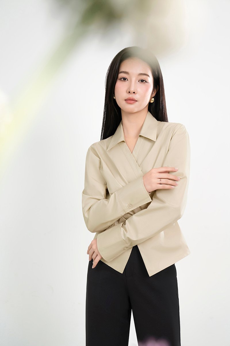 Gaeul Crossover Pleated Shirt in Soft Khaki