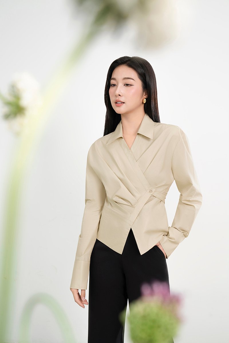 Gaeul Crossover Pleated Shirt in Soft Khaki