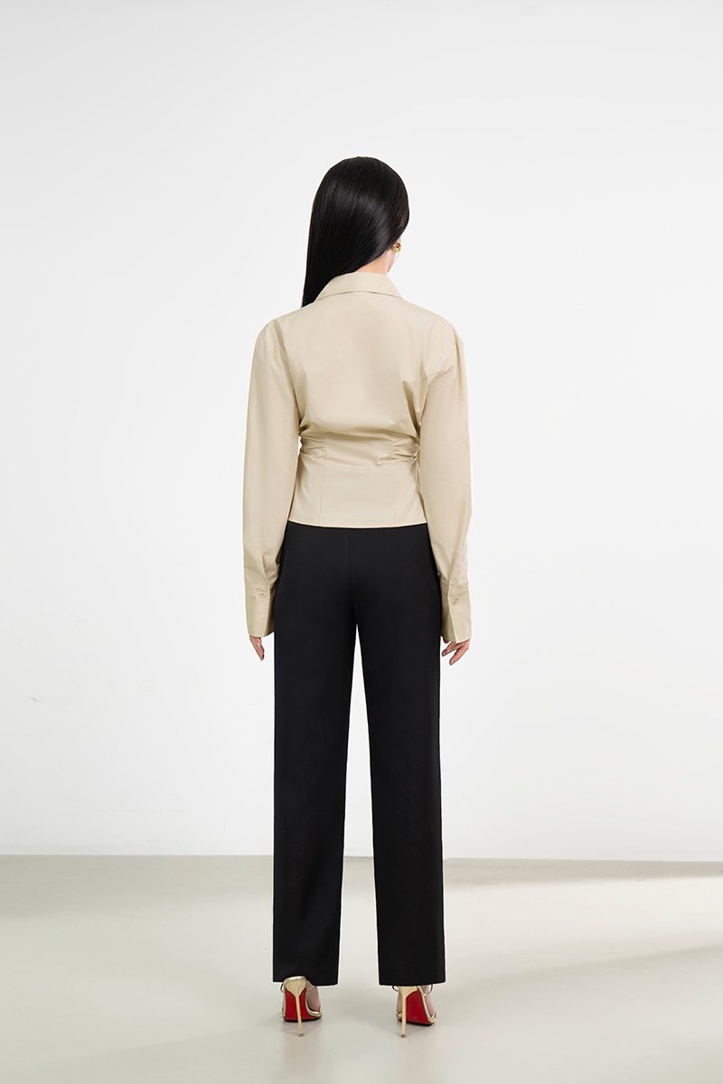 Gaeul Crossover Pleated Shirt in Soft Khaki