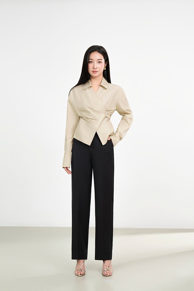 Gaeul Crossover Pleated Shirt in Soft Khaki