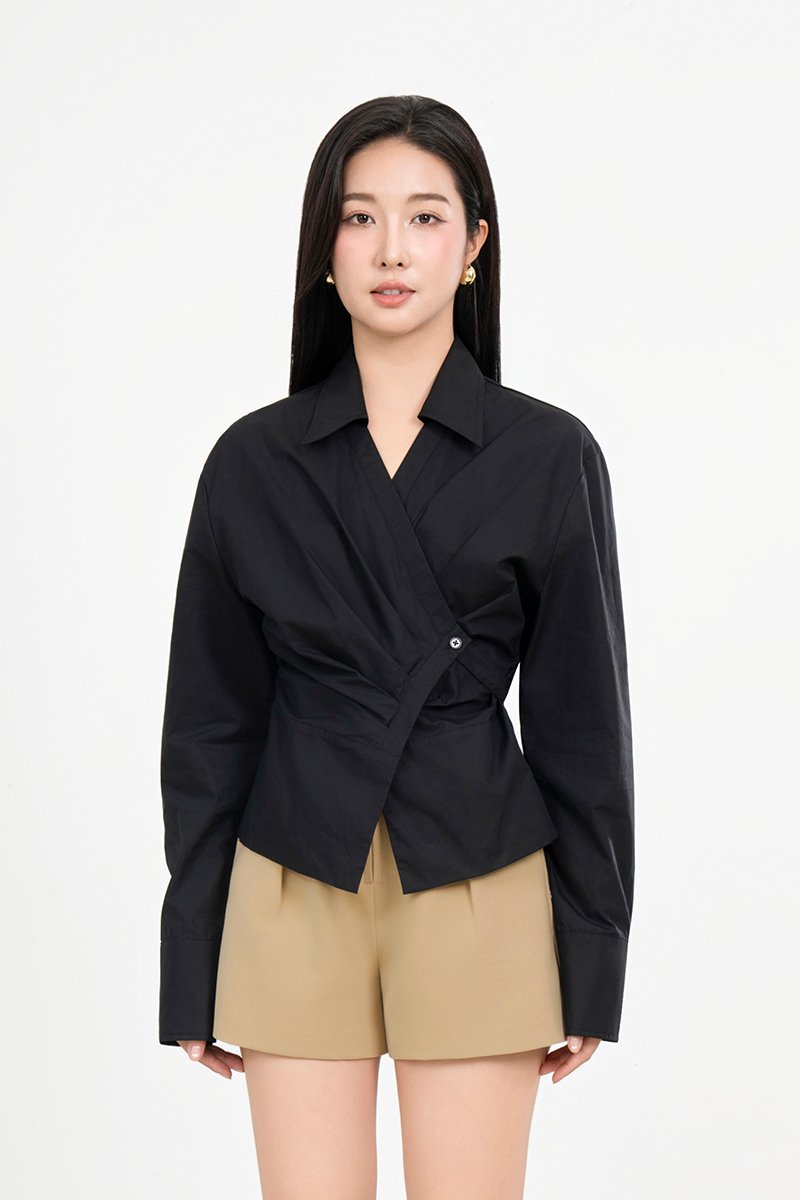 Gaeul Crossover Pleated Shirt in Classic Black