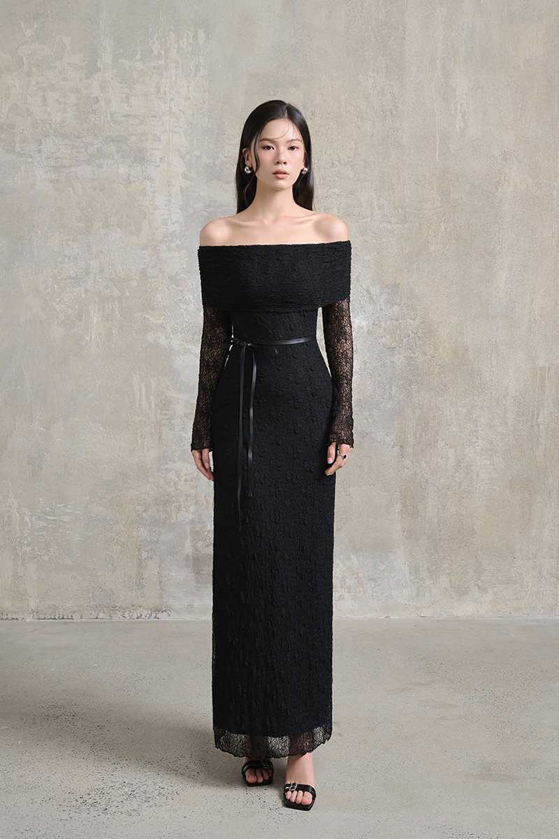 Maia Padded Off Shoulder Maxi Dress in Classic Black