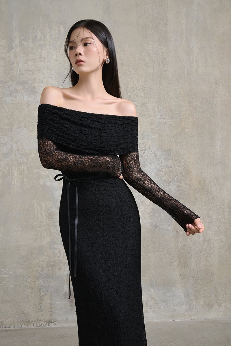 Maia Padded Off Shoulder Maxi Dress in Classic Black
