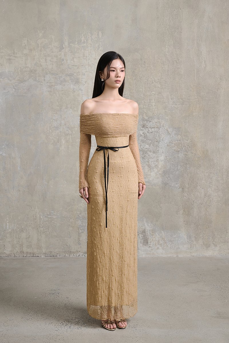 Maia Padded Off Shoulder Maxi Dress in Desert Sand