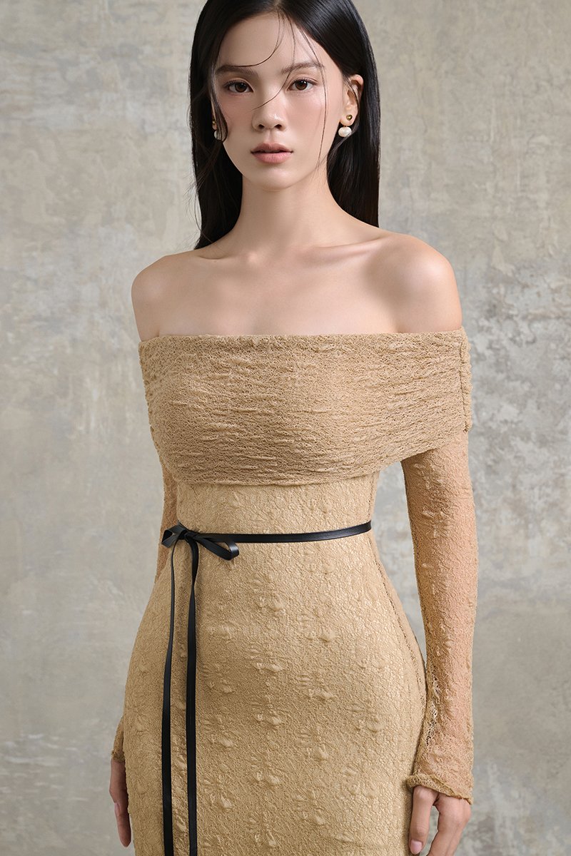 Maia Padded Off Shoulder Maxi Dress in Desert Sand