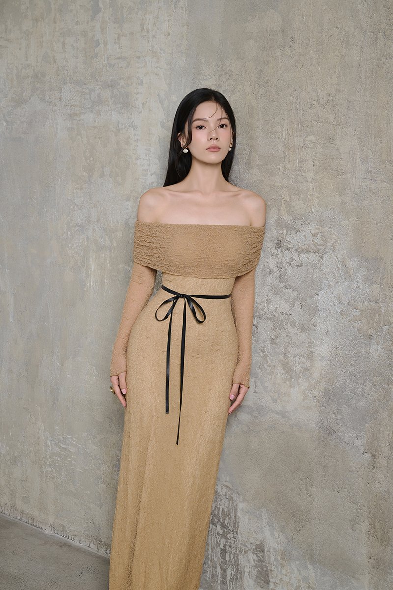 Maia Padded Off Shoulder Maxi Dress in Desert Sand