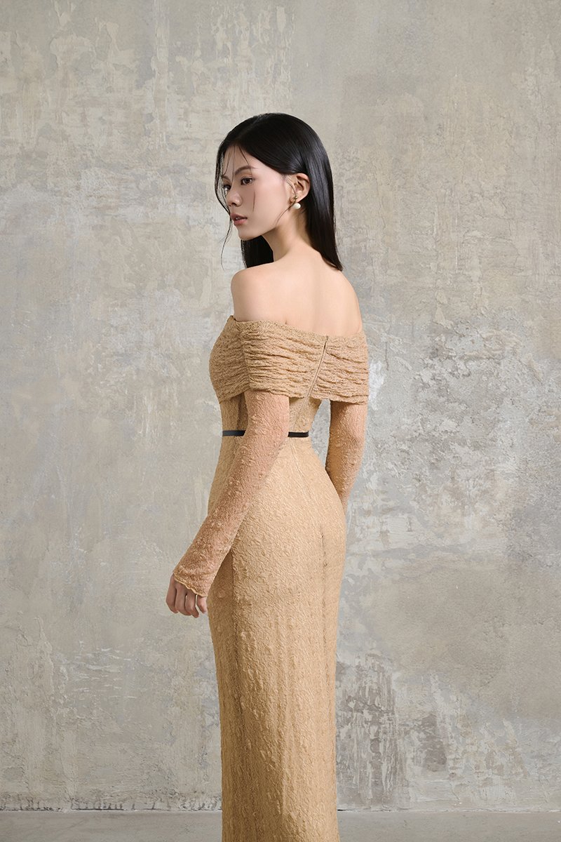 Maia Padded Off Shoulder Maxi Dress in Desert Sand