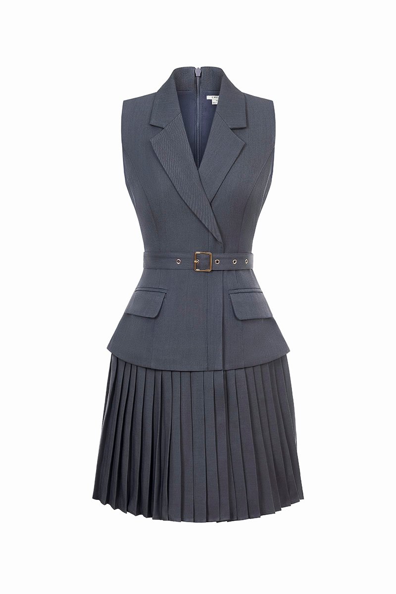 Minji Tailored Pleated Mini Dress in Gentleman's Grey
