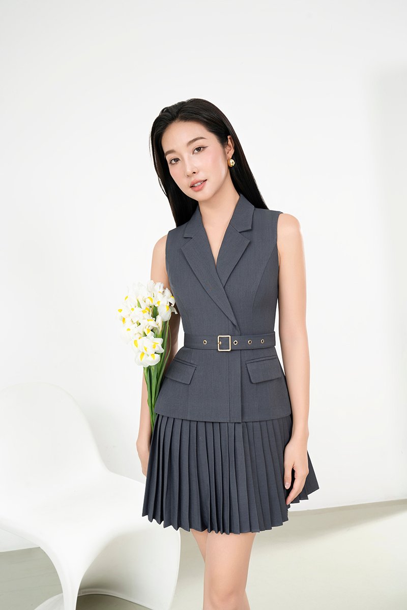 Minji Tailored Pleated Mini Dress in Gentleman's Grey