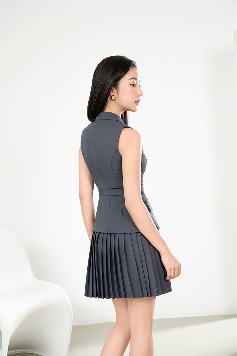 Minji Tailored Pleated Mini Dress in Gentleman's Grey
