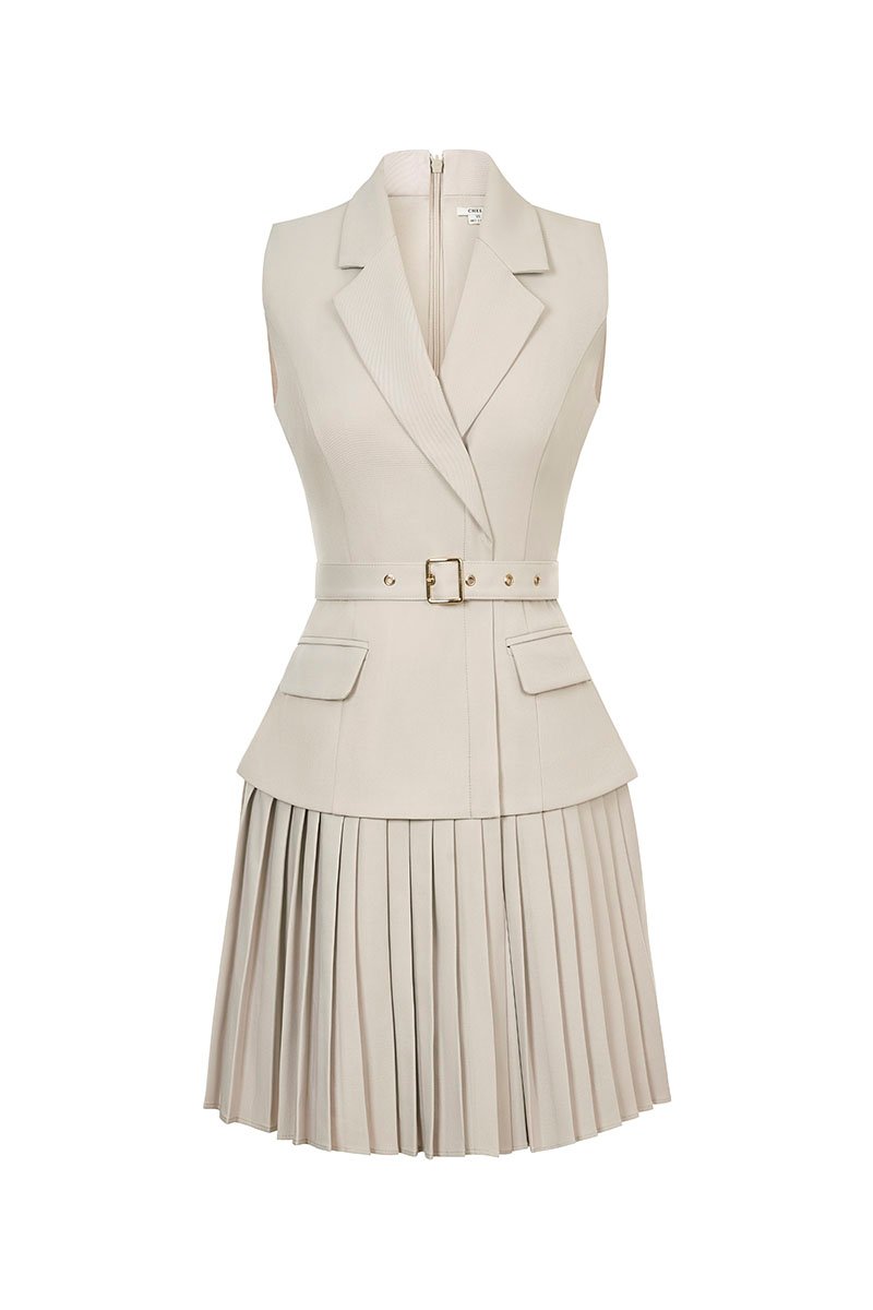 Minji Tailored Pleated Mini Dress in Pewter Beige