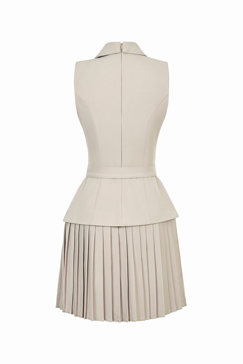 Minji Tailored Pleated Mini Dress in Pewter Beige